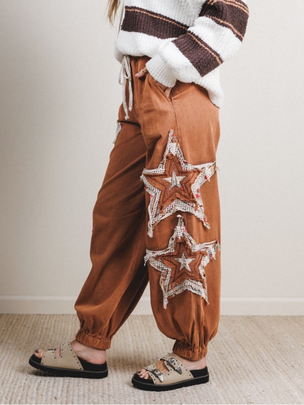 POL Brick/ Burnt Orange Star Appliqué Drawstring Joggers